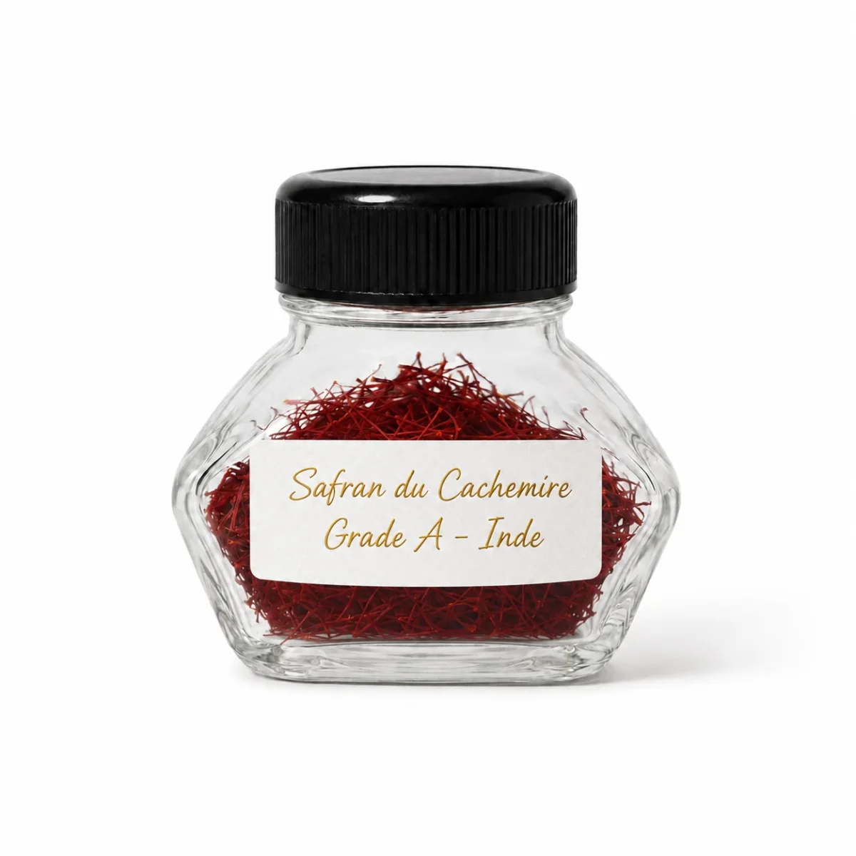 Jar of Grade A Kashmir saffron from India, label in detail, Artdeluxe Paris
